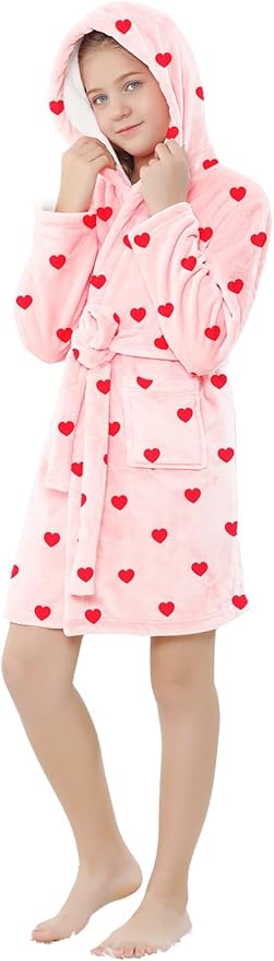 Umeyda Girls Fleece Hooded Robes, Warm Printed Bath Robe for Kids Soft Fuzzy Bathrobe for Gifts