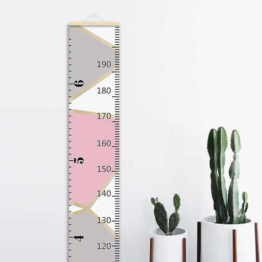 Nustila Pink Gray Color Block Growth Chart for Kids Baby Height Chart Ruler Removable Canvas Wooden Frame Hanging Wall Rulers Measurement Charts for Toddler Room Decor - 79"X7.9" with Beige Wood