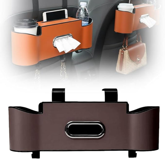 asfanst 3-in-1 Car Backseat Organizer with Cup Holder, Tissue Box, and Hooks, Multifunctional Back Seat Storage for Phones, Snacks, Drinks, and Handbags (1, Brown)
