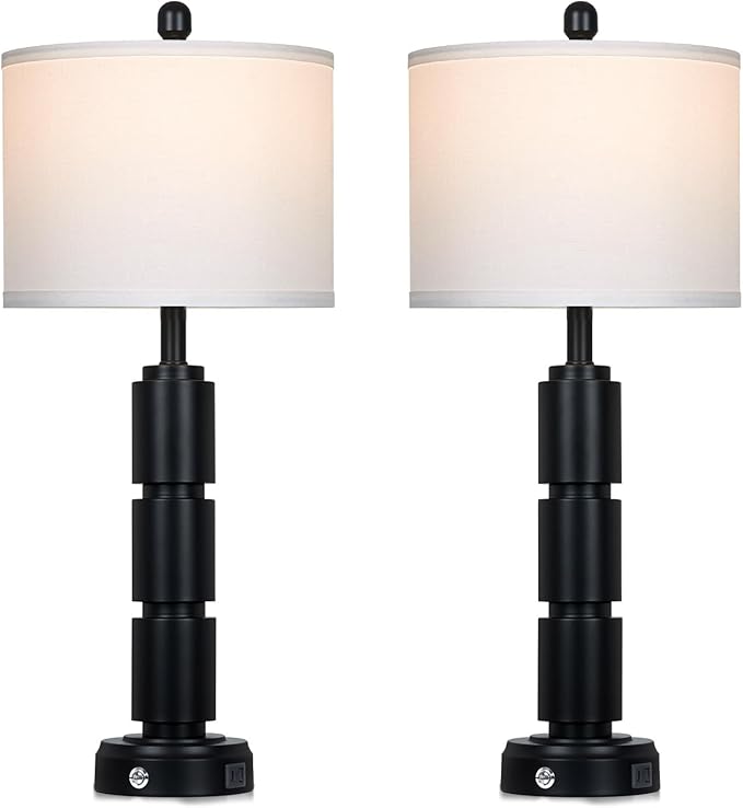luxeflow Set of 2 Modern Table Lamps for Living Room Bedroom,29" Tall Bedside Lamp with 2 USB Port,Black Metal Touch Nightstand Lamp for Desk End Side Table Entryway,Black
