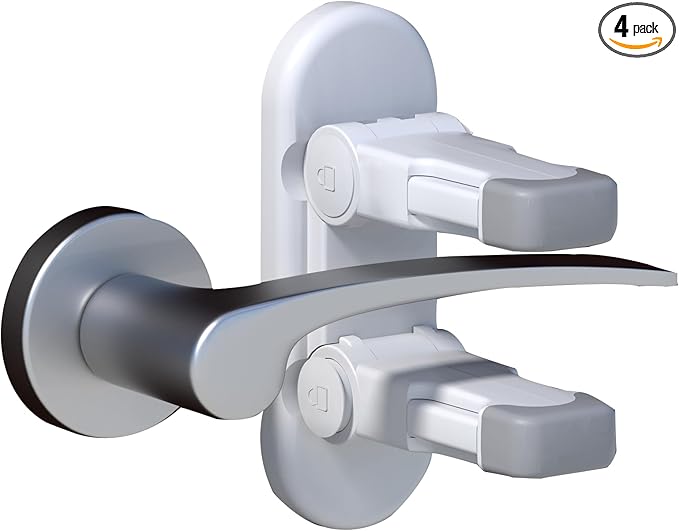 4-Pack Door Handle Baby Proof Lock – Child Proof Door Lever Lock for Kids Safety – Stops Toddler, Dog & Cat from Opening Doors – Easy One-Hand Adult Use, No-Drill Adhesive – Fits Home Bath/Kitchen