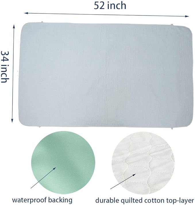 Pack of 2 Careboree Quilted Cotton Top Underpad 34"X52" Reusable Incontinence Bed Pads Washable Durable Waterproof Extra Absorbent Draw Sheet for Mattress