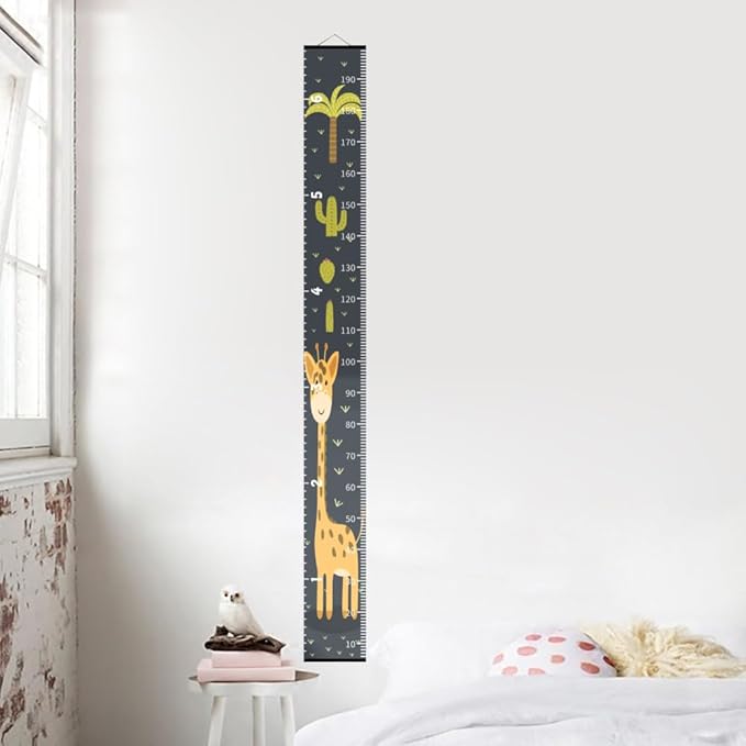 Baby Height Growth Chart - Canvas Height Chart for Kids Baby Child Toddler Boys Girls Growth Chart for Wall Room Nursery Decor Hangable and Removable Measuring Wall Ruler (Cactus Giraffe, Black Wood)