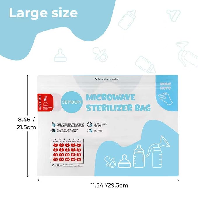 15 Pack Microwave Steam Sterilizer Bags Plus, Large Size for Baby Bottles Soothers, Teethers, Breast Pump Parts, Training Cups and Accessories, 20 Uses Per Bag, Baby Travel Essential