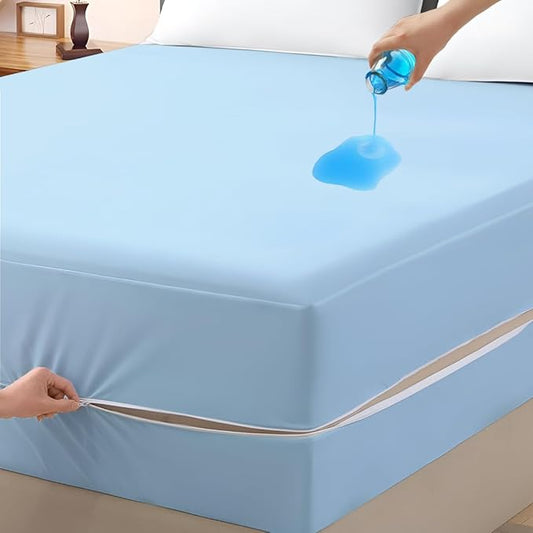 Mattress Protector Full XL Size 100% Waterproof Zippered Cover, 15 Inches Deep, Six-Sided Mattress Encasement for Bed, Zipper Closure Style (Light Blue)
