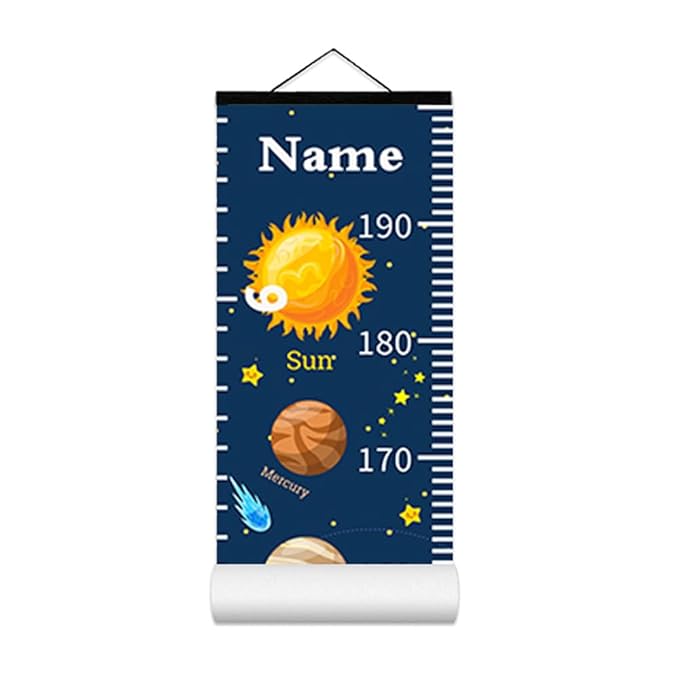 Personalized Growth Chart for Kids, Baby Height Chart with Custom Name, 77"x7.9" Canvas and Black Wood Height Measuring Rulers for Boys Girls Removable Wall Ruler Hanging for Nursery Decor - Planets