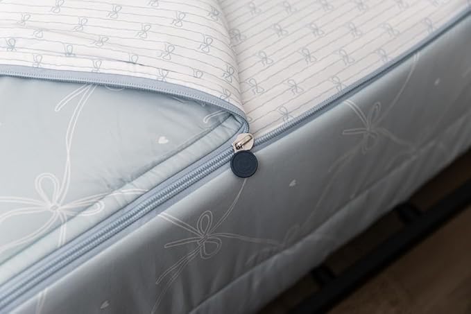 Beddy's Bow & Ribbon Themed Durable Zipper Bedding for Kids, Bed in a Bag, Baby Blue Comforter & White Pinstripe Sheets, Includes Pillowcase & Pillow Sham, Easy to Make & Wash