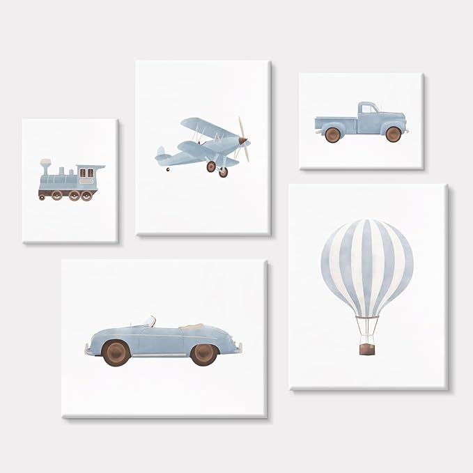 Blue Car Wall Art Decor Boys Room Canvas Poster Vintage Train Transportation Wall Art Watercolor Toddler Art Prints Blue Car Pictures Painting for Boy Bedroom Kids Nursery 12x16 Inch Framed Set of 5