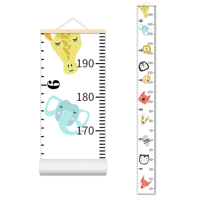 Nustila Cute Animals Growth Chart for Kids Baby Height Chart Ruler Removable Canvas Wooden Frame Hanging Wall Rulers Measurement Charts for Toddler Room Nursery Decor - 79"X7.9" with Beige Wood