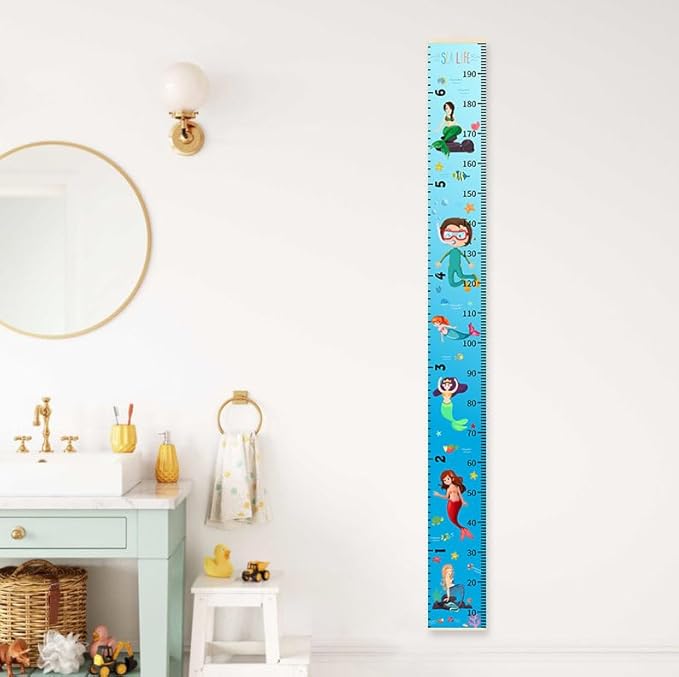 Baby Height Growth Chart - Canvas Height Chart for Kids Baby Child Toddler Boys Girls Growth Chart for Wall Room Nursery Decor Hangable and Removable Measuring Wall Ruler (Mermaid, Beige Wood)