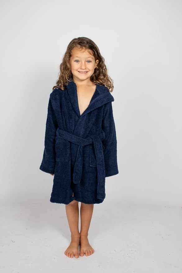 BAGNO MILANO Kids Organic Turkish Cotton Hooded Beach Cover-Up Towel, GOTS Certified, for Boys and Girls (Navy, 7-8 Years)