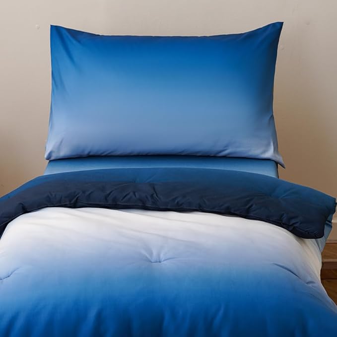 CLOTHKNOW Blue White Toddler Bedding Sets for Boys, 4 Pieces Bedding Sets, Blue Gradient Pattern, Soft Crib Bed Set Including Comforter, Flat Sheet, Fitted Sheet and Pillowcase, Blue