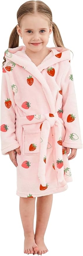 Umeyda Girls Fleece Hooded Robes, Warm Printed Bath Robe for Kids Soft Fuzzy Bathrobe for Gifts