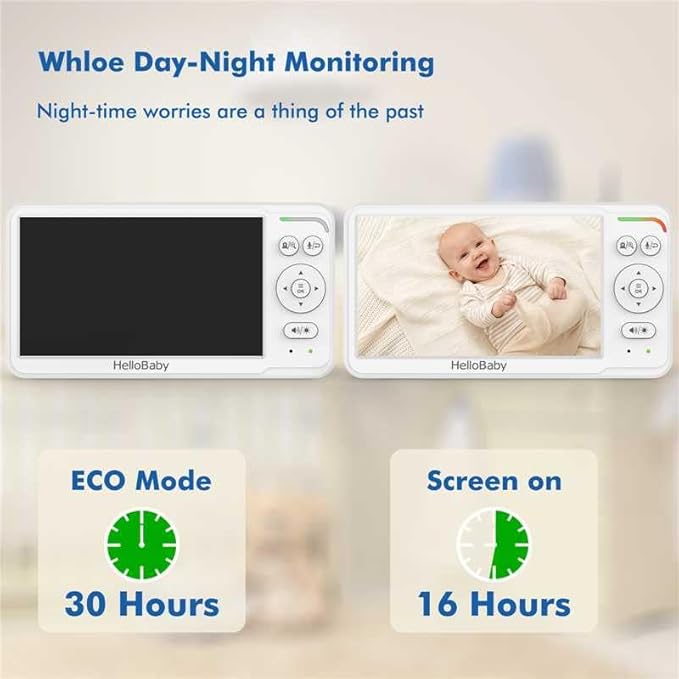 HelloBaby Baby Monitor with 2 Cameras, World First 6" IPS Split Screen, Double Cameras No WiFi, 30H Battery, 2-Way Audio, Pan-Tilt-Zoom, VOX Mode, Night Vision, 8 Lullabies, 1000ft Range