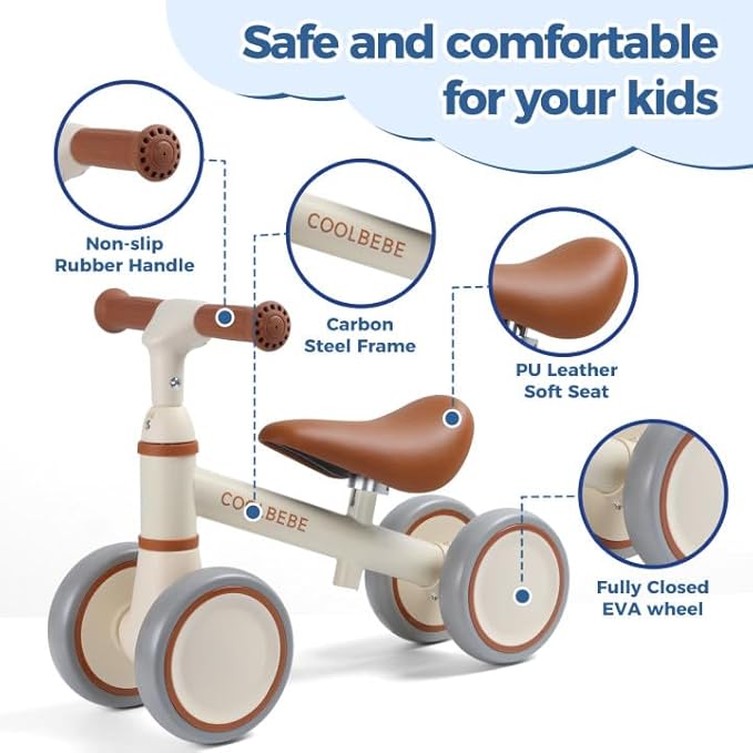 COOLBEBE Baby Balance Bike for 1 Year Old Boys Girls Gift, 2 Year Old Toddler Balance Bike with 4 Silent Wheels, One Year Old Birthday Gift Children for 12M-36M Pre-School