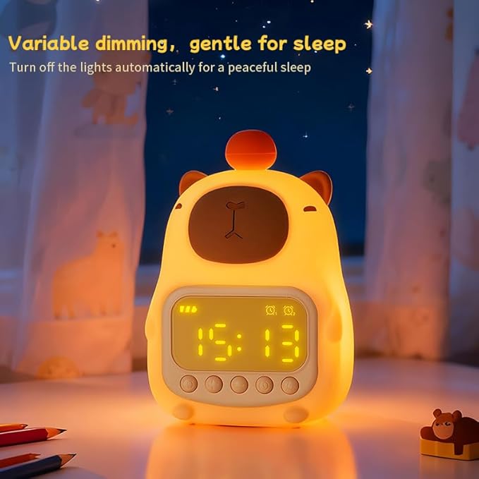 DNBFLLK Capybara Alarm Clock with Night Light for Kids, Cute Toddler Alarm Clocks for Bedrooms Ok to Wake Clocks for Girls and Boys, Rechargeable Silicone Animal Tabletop Lamp for Kid