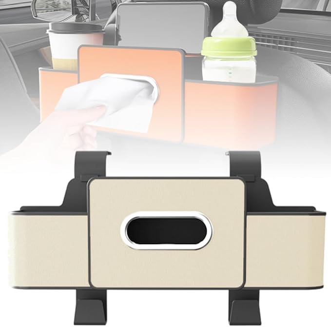 Fiopet 3-in-1 Car Seat Back Storage Box, 2026 New Multifunctional Car Back Seat Organizer with Cup Holder, Tissue Box, Trash Bin & Hooks for Hold Phones, Snacks, Drinks, Handbags (White)