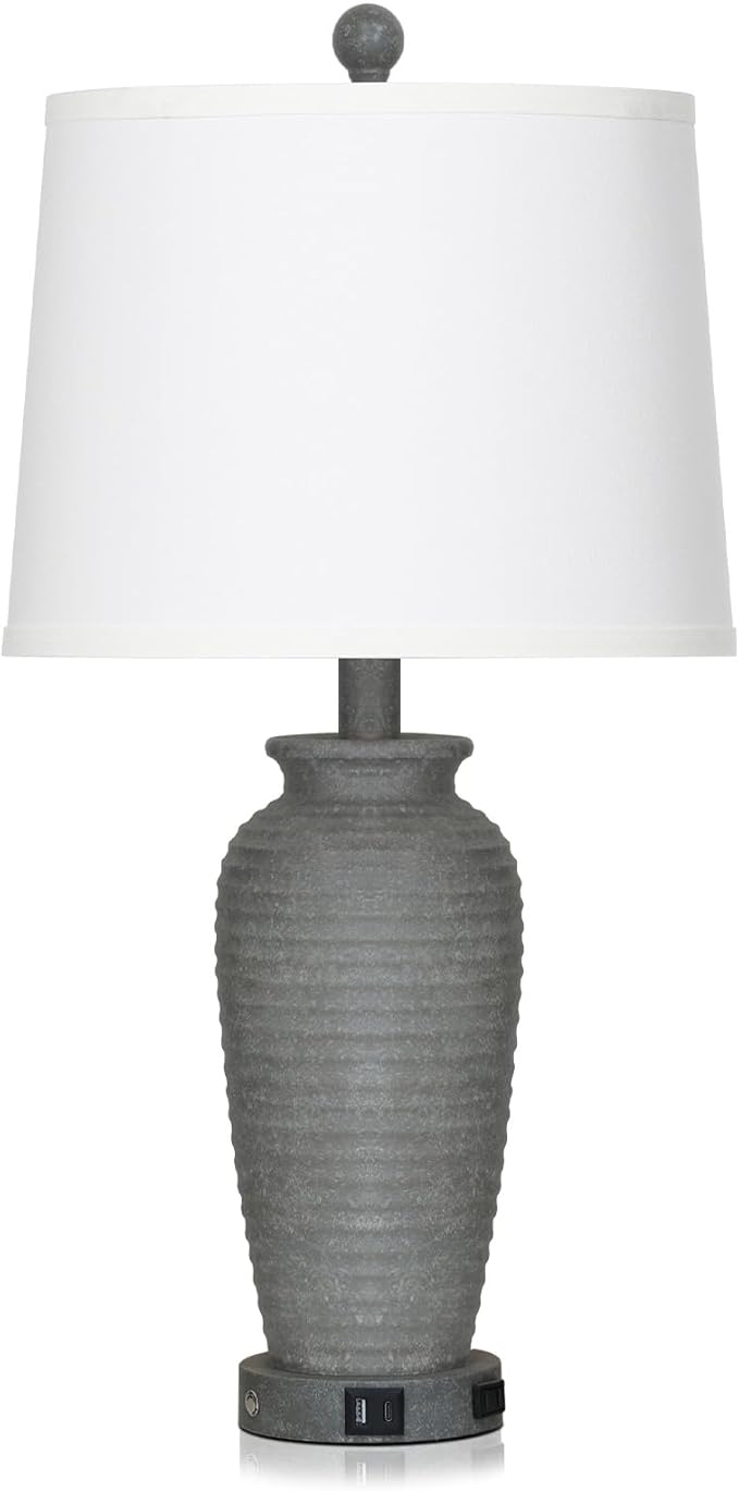 CINSARY 25" Grey Farmhouse Jar Table Lamps, 3 Way Touch Control Rustic Bedside Lamps with USB A+C Ports & AC Outlet, Pot Nightstand Lamps for Bedroom End Table (LED Bulbs Included)