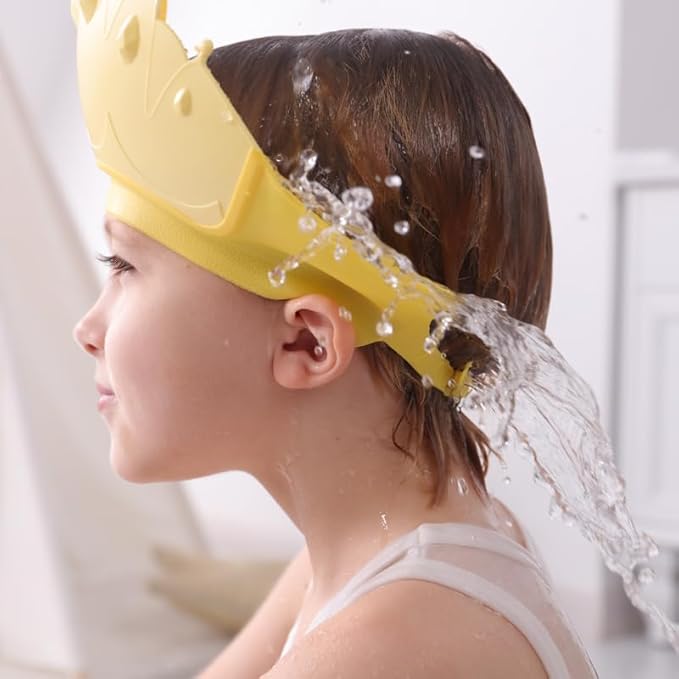 Baby Shower Cap Shield, Baby bath set shower cap/water cup/massage brush,Visor Hat for Eye and Ear Protection for 0-9 Years Old Children,Cute Crown Shape Makes the Baby Bath More Fun (Yellow)