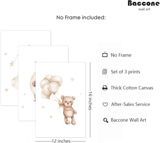 Baccone Bear Nursery Wall Art Decor Set of 3 Teddy Bear Canvas Wall Art Baby Boy Nursery Decor Prints Neutral Pictures Moon Star Cloud Print for Girls Children Room 12x16 Inch Unframed