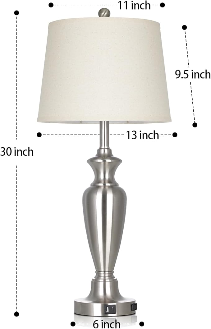 luxeflow 30" Tall Silver Table Lamps Set of 2 for Living Room, Touch Control Bedside Lamps for Nightstand, 3-Way Dimmable Bedroom Table Lamp with USB A+C Ports and AC Outlet (2 LED Bulbs Included)