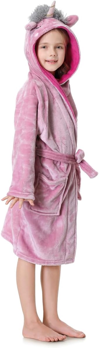 Hooded Herringbone Girl's Fleece Soft Spa Kimono Long Robe,Kids Comfy Sleepwear Bathrobe
