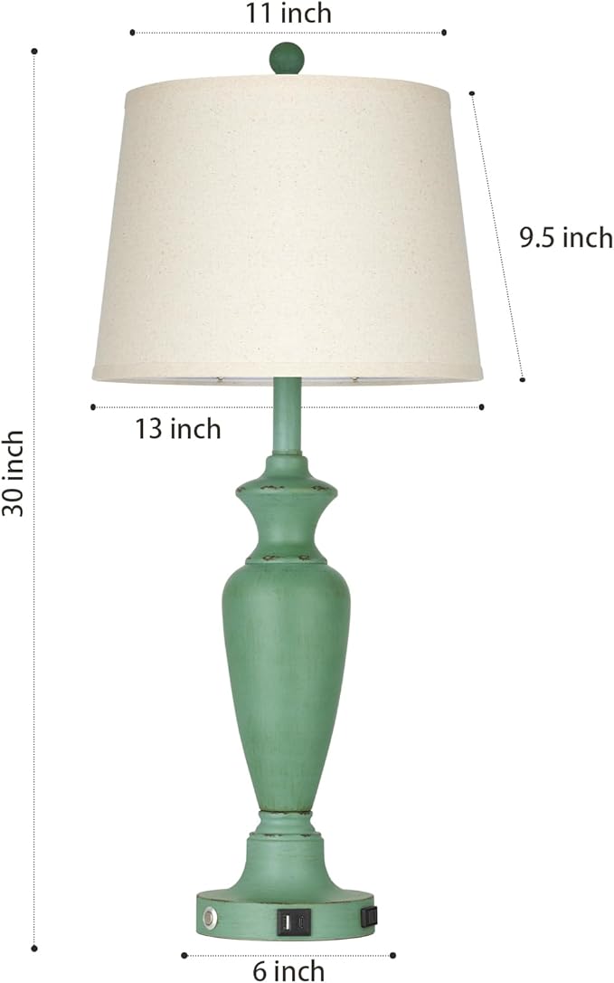 Cinyirong 30" Tall Metal Table Lamps Set of 2, Touch Control Bedside Lamps for Bedroom Nightstand, 3-Way Dimmable Farmhouse Lamp for Living Room with Charging Ports, Retro Green (2 LED Bulbs Included)