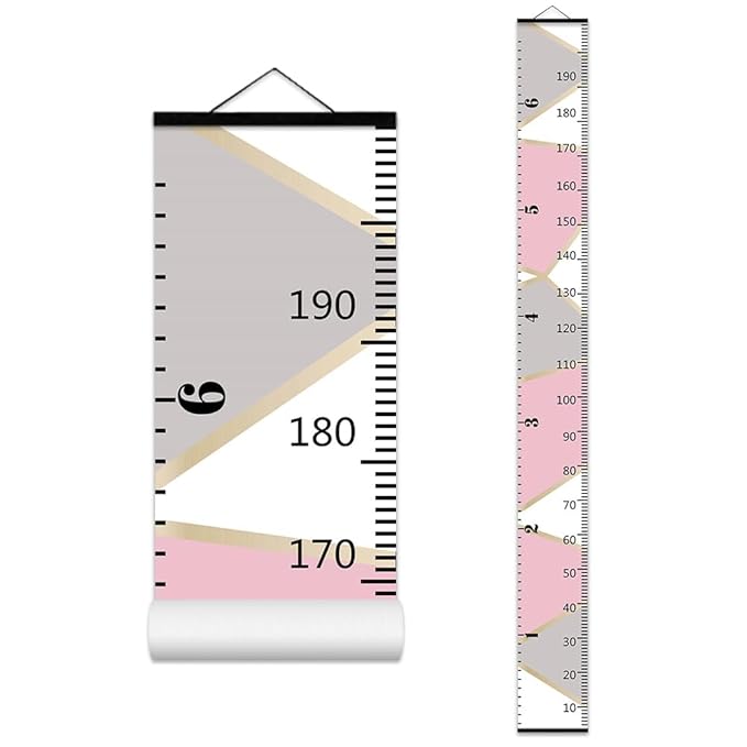 Nustila Pink Gray Color Block Growth Chart for Kids Baby Height Chart Ruler Removable Canvas Wooden Frame Hanging Wall Rulers Measurement Charts for Toddler Room Decor - 79"X7.9" with Black Wood