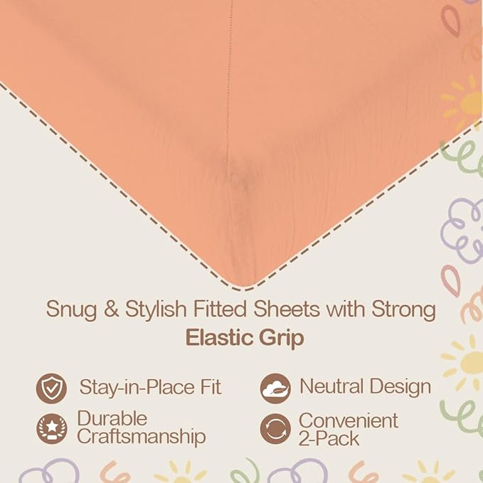 Mère & Moi Muslin Fitted Crib Sheets – 100% Cotton, Ultra-Soft & Breathable Baby Bedding for Standard Crib & Toddler Mattress (28” x 52”) - 2 Pack (Peach and Sand)
