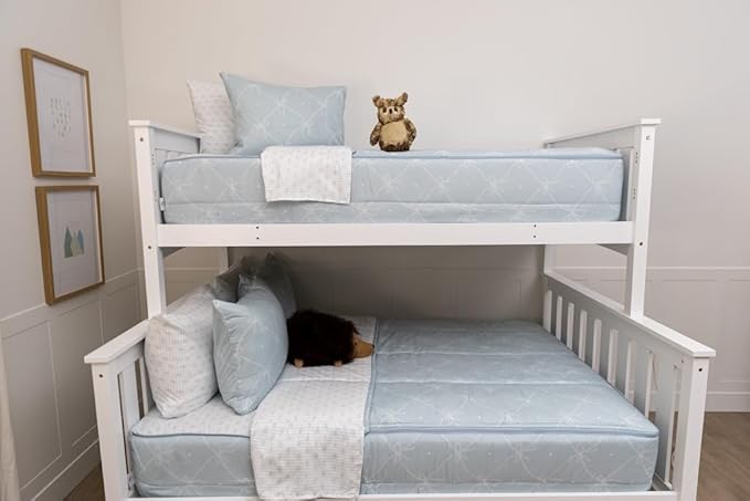 Beddy's Bow & Ribbon Themed Durable Zipper Bedding for Kids, Bed in a Bag, Baby Blue Comforter & White Pinstripe Sheets, Includes Pillowcase & Pillow Sham, Easy to Make & Wash