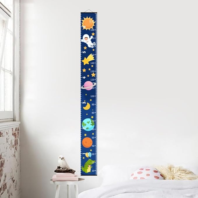 Baby Height Growth Chart - Canvas Height Chart for Kids Baby Child Toddler Boys Girls Growth Chart for Wall Room Nursery Decor Hangable and Removable Measuring Wall Ruler (Space, Black Wood)