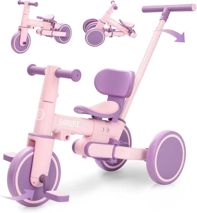 Bobike 5-in-1 Tricycle for Toddlers 18 Months to 5 Years Old, Kids Tricycle with Push Handle and Backrest, Toddler Balance Bike with Easy Assembly for Boys and Girls (Purple)