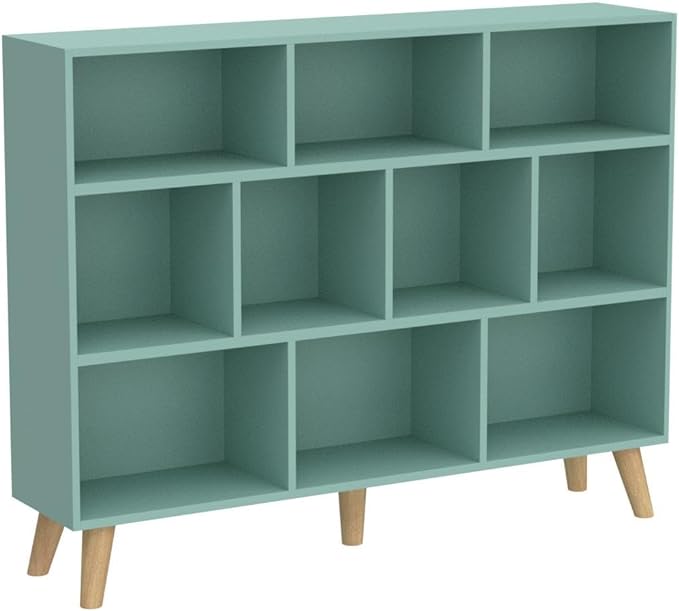 IOTXY Wooden Open Shelf Bookcase - 3-Tier Floor Standing Display Cabinet Rack with Legs, 10 Cubes Bookshelf, Tiffany-Green