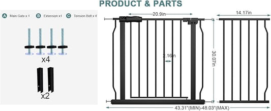 Extra Wide Pressure Mount Baby Gate Walk Through Auto Close White Metal Child Dog Pet Indoor Safety Gates for Stairs,Doorways,Kitchen and Living Room (43.31"-48.03"/110-122CM, Black)