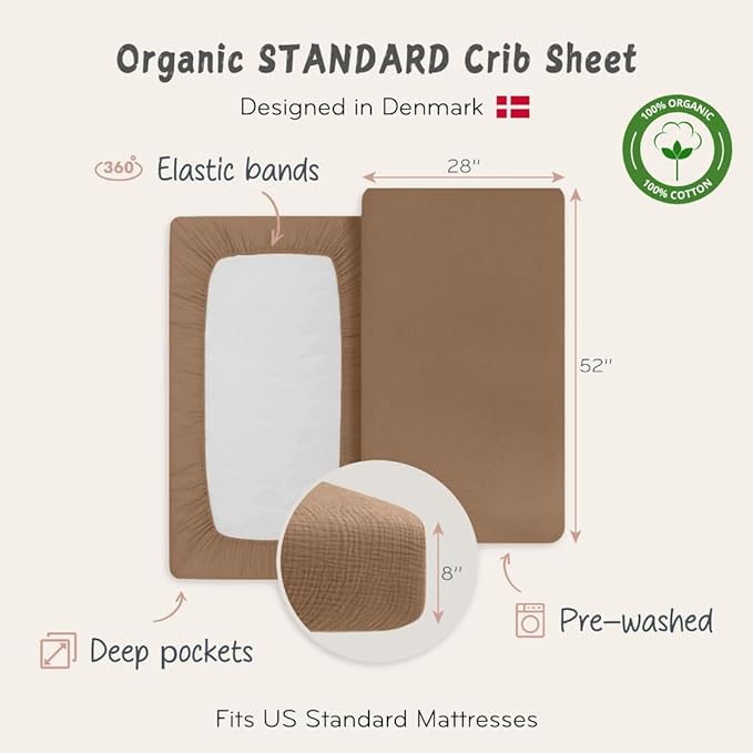 Crib Sheets – Organic Cotton Muslin Fitted Crib Sheet – Standard Size for Baby Boy and Baby Girl 28" x 52" Ultra-Soft and Breathable. (Natural)