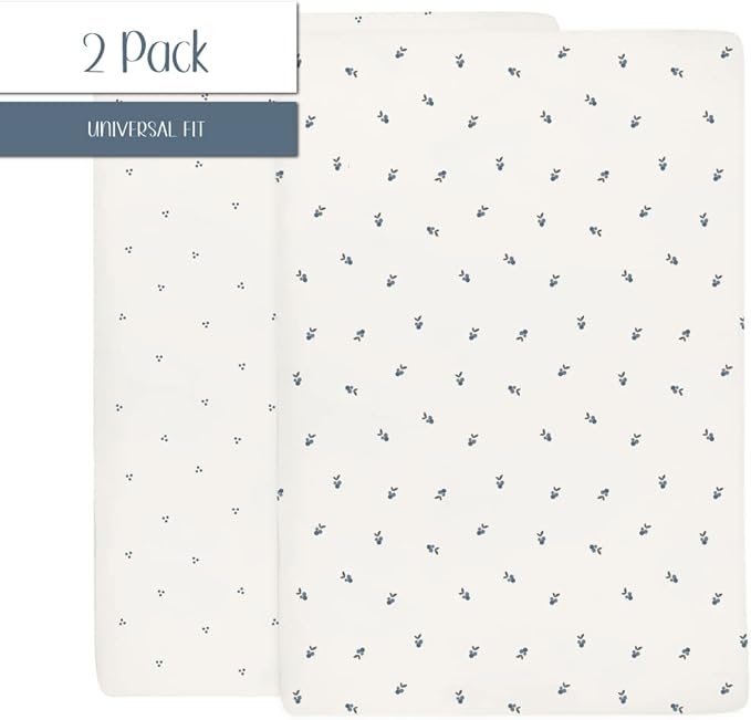 Ely's & Co. Patent Pending Waterproof Crib Sheets, 100% Cotton with Waterproof Lining - Built in Mattress Protector, 2 Pack Fitted Crib Sheet Set, Berry and Cluster Dot (Blue) 28” x 52”