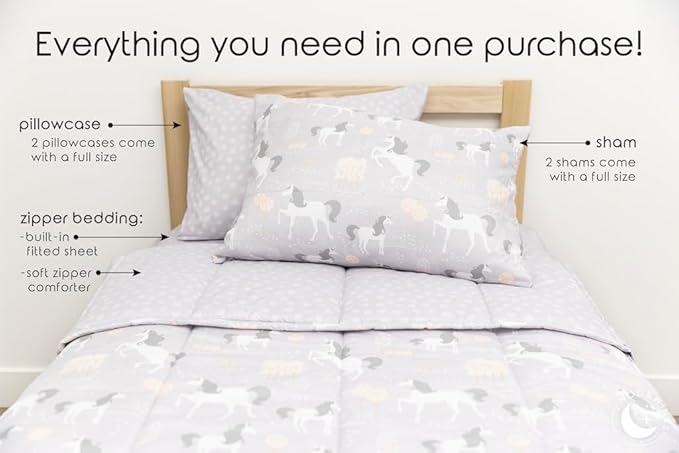 Beddy's Fairytale Unicorn Girls Durable Zipper Bedding for Kids, Bed in a Bag, Purple Sheets & Comforter with Unicorns Design, Includes Pillowcase & Pillow Sham Easy to Make & Wash