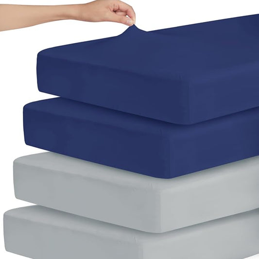 Stretchy Crib Sheets for Boys or Girls, 4 Pack Baby Fitted Crib Sheets Neutral for Standard Crib and Toddler Mattress 52" x 28", Soft and Breathable, Grey & Navy Blue