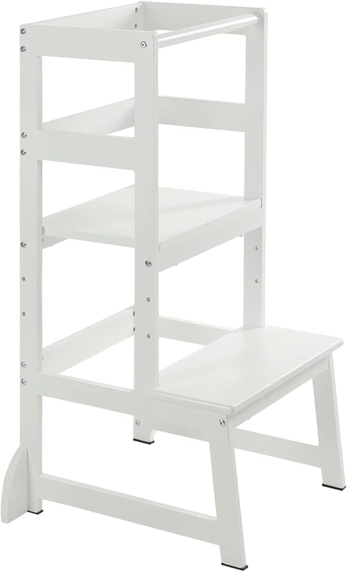 Mother's Helper Adjustable Height Step Stool, Kids Learning Toddler Tower With Safety Rail for Kitchen Counter, Montessori Stool (White)