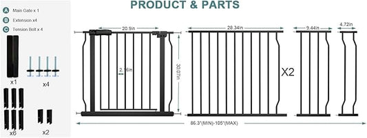 Extra Wide Baby Dog Gates for Doorways Tension Indoor Safety Gates Black Metal Large Pressure Mounted Pet Gate Walk Through Dog Gate for The House Stairs (Black, 86.3"-105"/219-267CM)
