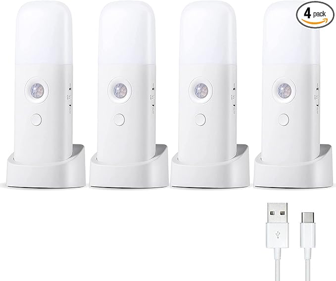 CREWEEL Motion Sensor Night Lights Indoor, Rechargeable Night Light Battery Powered, Portable Nightlight with Adjustable Brightness Activated Table Lamp for Kids, Adults(Cool White, 4Pack)