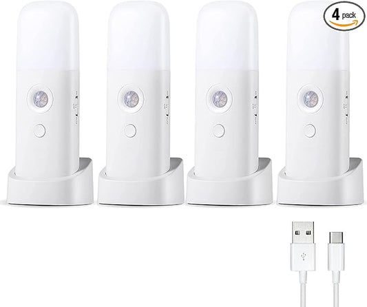 CREWEEL Motion Sensor Night Lights Indoor, Rechargeable Night Light Battery Powered, Portable Nightlight with Adjustable Brightness Activated Table Lamp for Kids, Adults(Cool White, 4Pack)