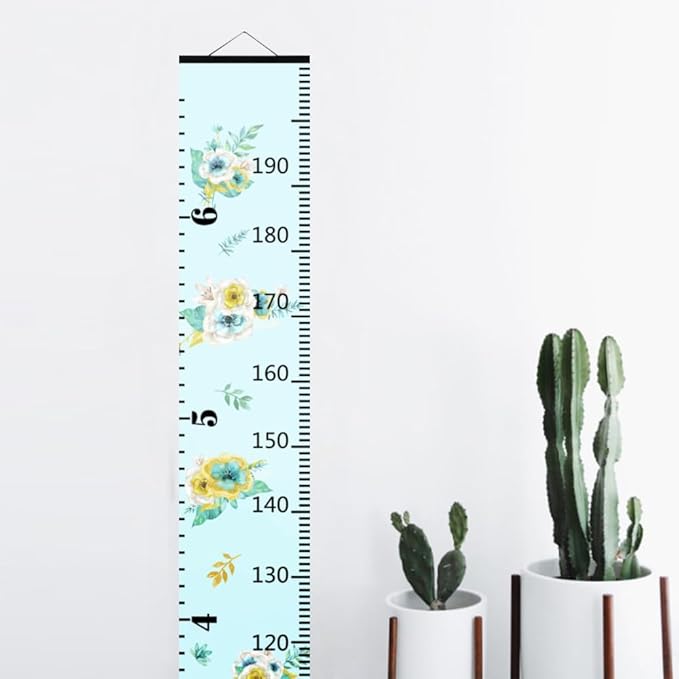 Nustila Flowers Plants Growth Chart for Kids Baby Height Chart Ruler Removable Canvas Wooden Frame Hanging Wall Rulers Measurement Charts for Floral Toddler Room Decor - 79"X7.9" with Black Wood
