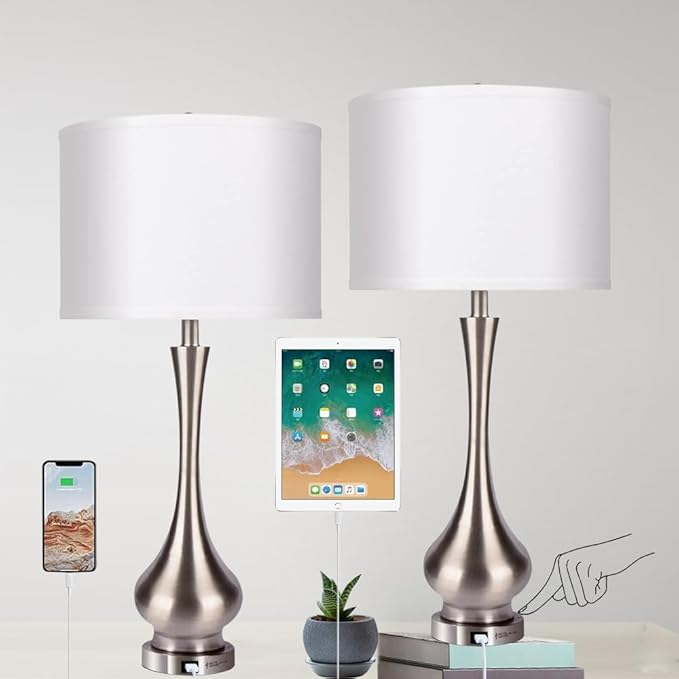 30" Large Modern Table Lamps Set of 2 for Living Room Bedroom with USB Charging Port,3-Way Dimmable Brushed Steel Nightstand Lamp Sets Bedside Touch Desk Lamp with White Fabric Shade (Bulb Included)