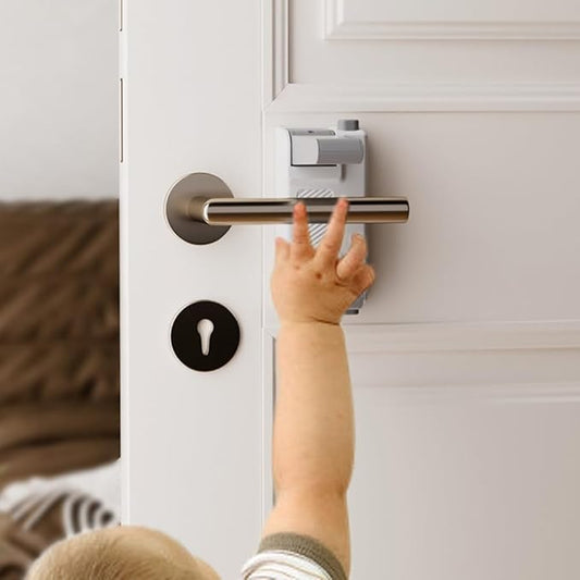 YEYA Upgrade Child Safety Door Handle Lock, White Universal Fit Lever Locks with Stong 3M Adhesive Backing, 1-Pack Toddler Proof Safety Locks for Indoor Doors, Dual-Button Security & Easy Installation