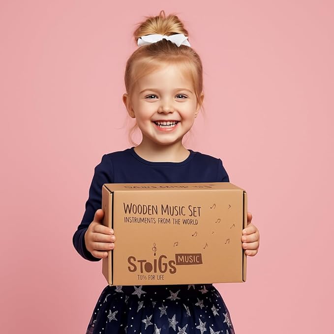Stoie's Wooden Toddler Musical Instruments with Drum, Hand Bells, Flute, Maracas, Castanet, Tamburine, for Babies and Kids, Eco Friendly Montessori Educational Toy