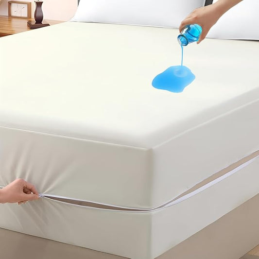 Mattress Protector Full Size 100% Waterproof Zippered Cover, 15 Inches Deep, Six-Sided Mattress Encasement for Bed, Zipper Closure Style (Ivory)