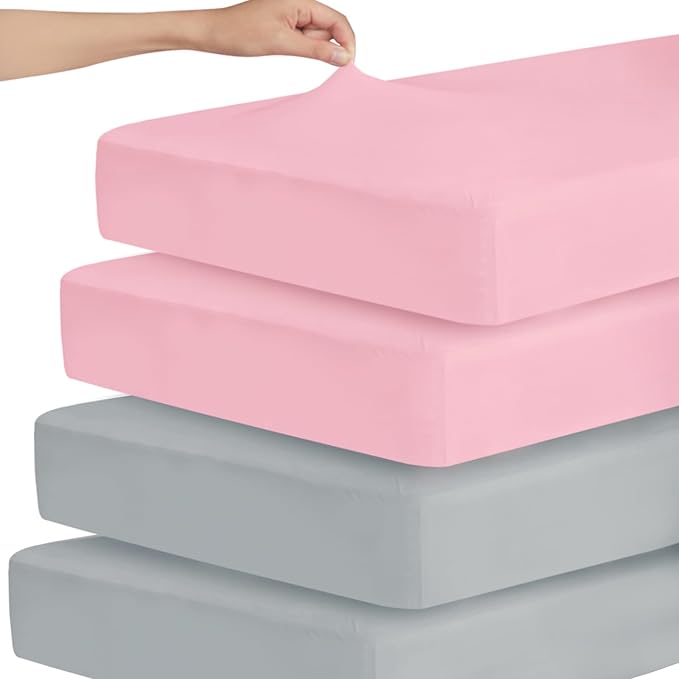 Stretchy Crib Sheets for Boys or Girls, 4 Pack Fitted for Standard Crib and Toddler Mattress 52" x 28", Soft and Breathable Neutral, Grey & Pink