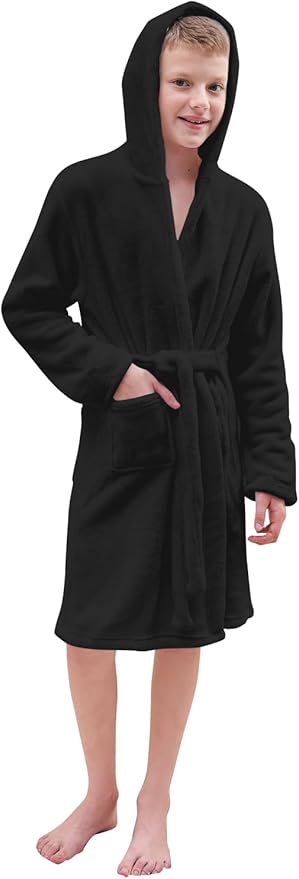 Umeyda Boys Girls Robes, Soft Fuzzy Fleece Hooded Bathrobes with Belt and Pockets for Kids, 1-18 Year