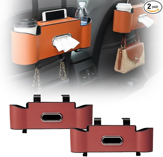 asfanst 3-in-1 Car Backseat Organizer with Cup Holder, Tissue Box, and Hooks, Multifunctional Back Seat Storage for Phones, Snacks, Drinks, and Handbags (2, Red)